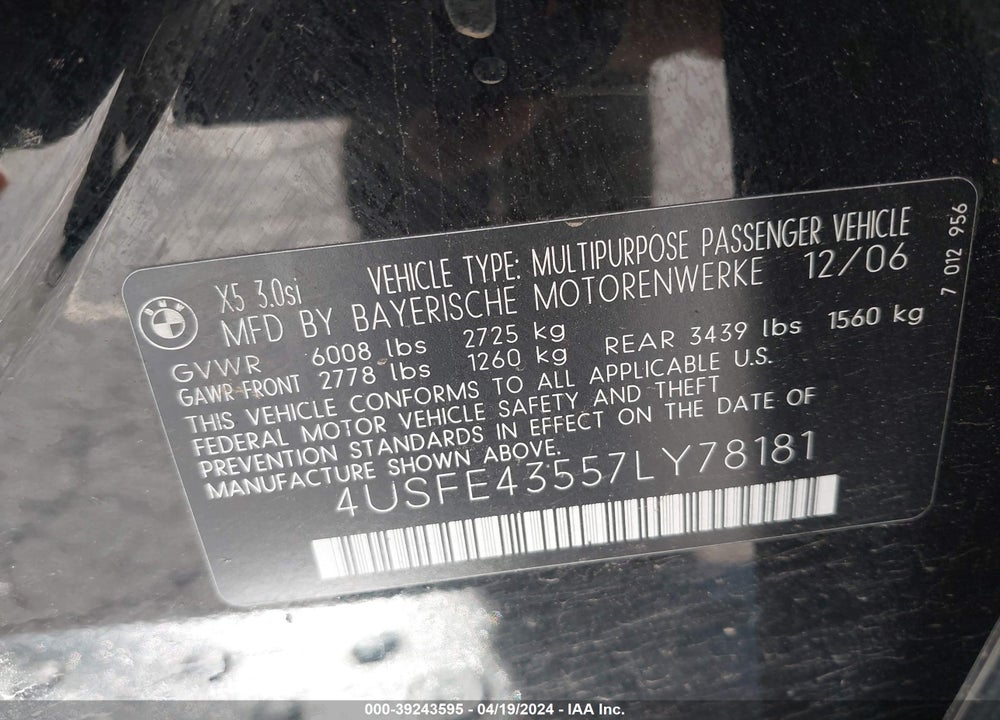 2007 BMW X5 3.0SI VIN: 4USFE43557LY78181