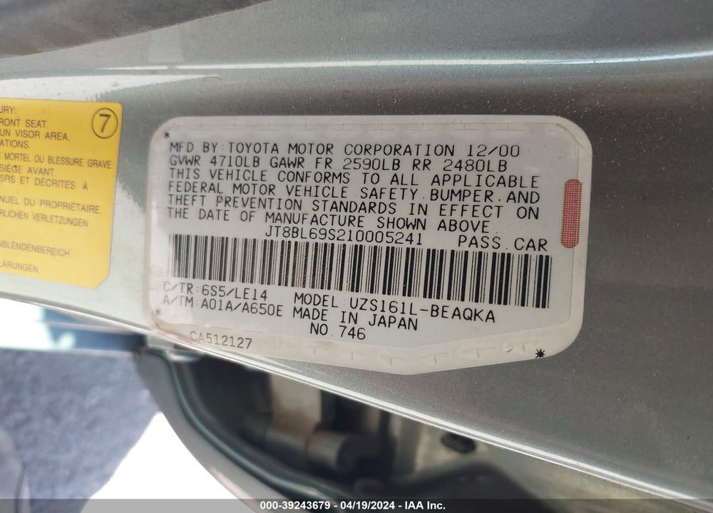 2001 LEXUS GS 430 VIN: JT8BL69S210005241