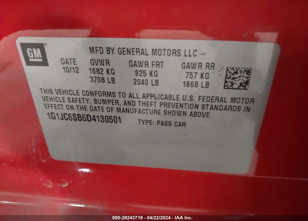 2013 CHEVROLET SONIC LT AUTO VIN: 1G1JC6SB6D4130501