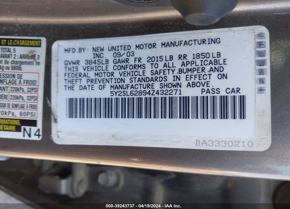 2004 PONTIAC VIBE VIN: 5Y2SL62894Z432271
