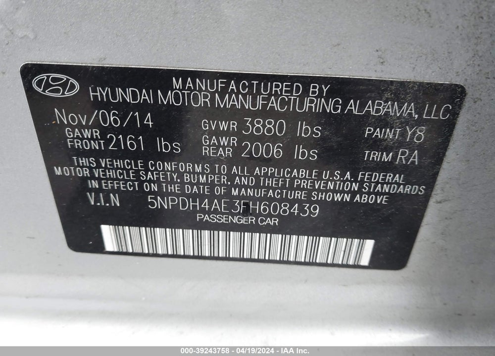 2015 HYUNDAI ELANTRA SE VIN: 5NPDH4AE3FH608439
