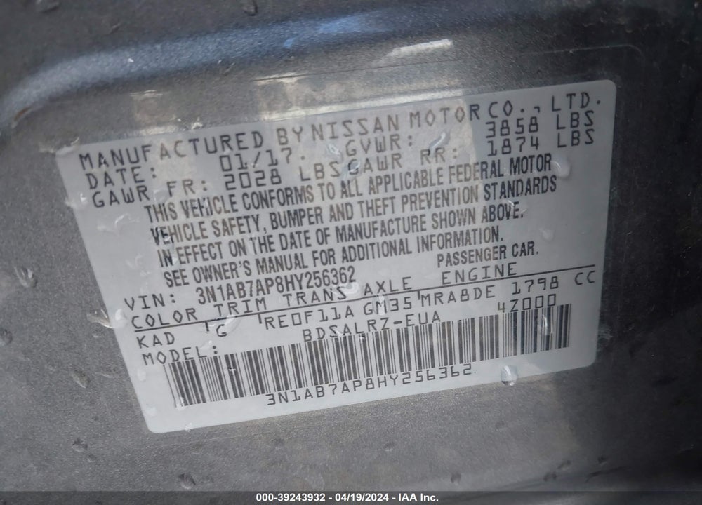 2017 NISSAN SENTRA SR VIN: 3N1AB7AP8HY256362