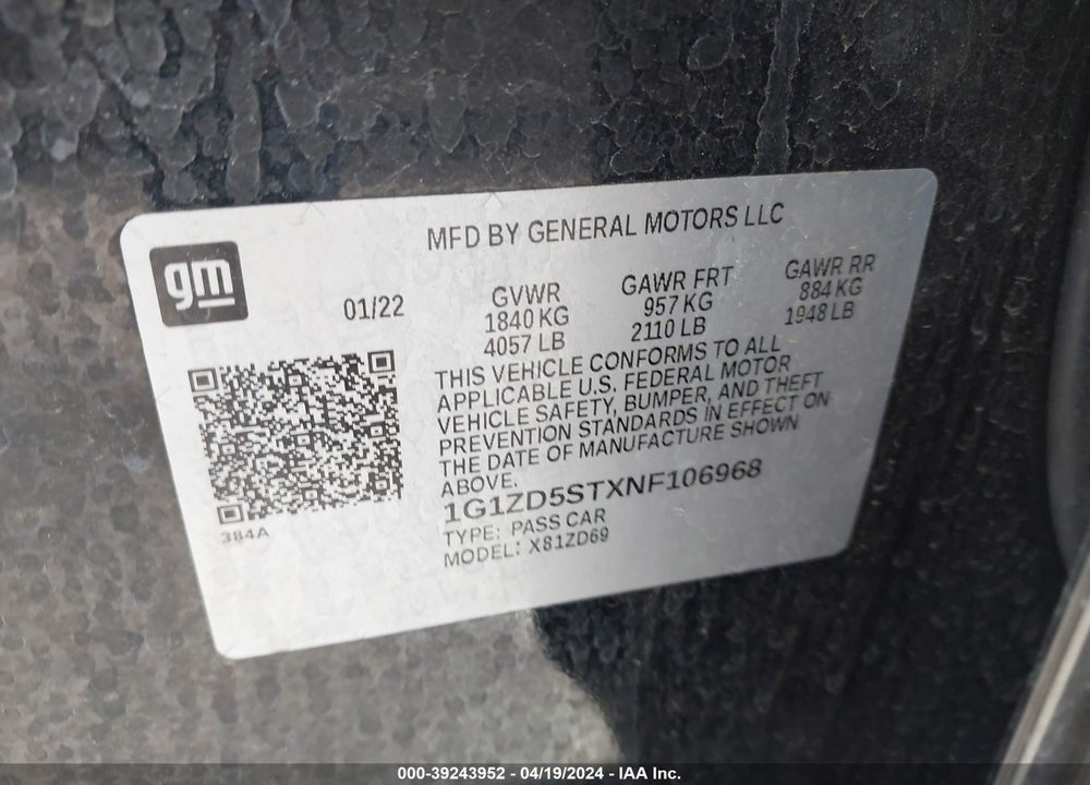 2022 CHEVROLET MALIBU FWD LT VIN: 1G1ZD5STXNF106968