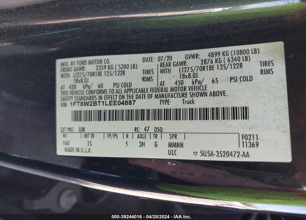 2020 FORD F-250 XL VIN: 1FT8W2BT1LEE04887