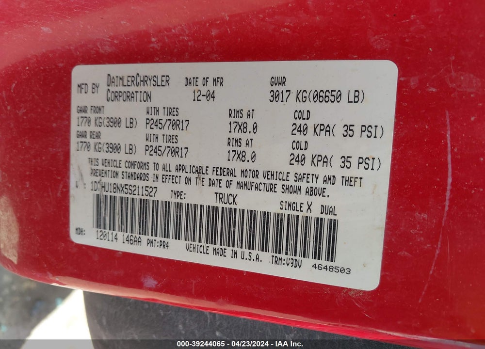 2005 DODGE RAM 1500 SLT/LARAMIE VIN: 1D7HU18NX5S211527