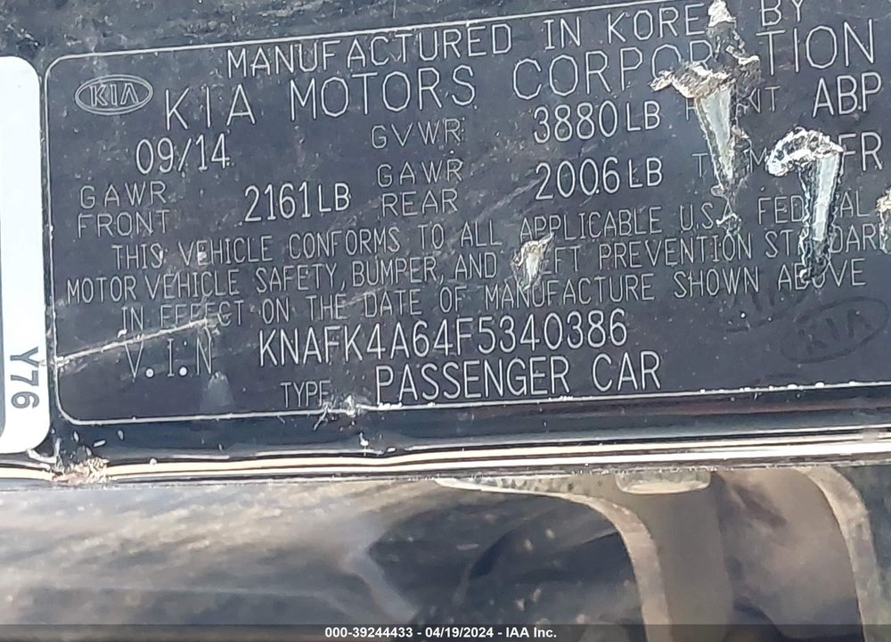 2015 KIA FORTE LX VIN: KNAFK4A64F5340386