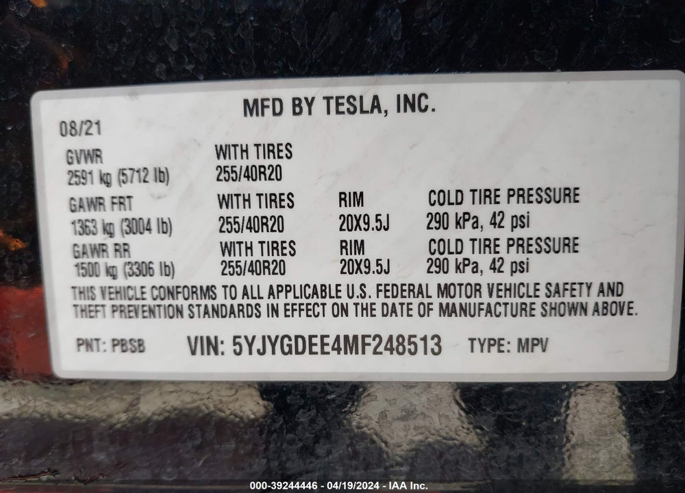 2021 TESLA MODEL Y LONG RANGE DUAL MOTOR ALL-WHEEL DRIVE VIN: 5YJYGDEE4MF248513