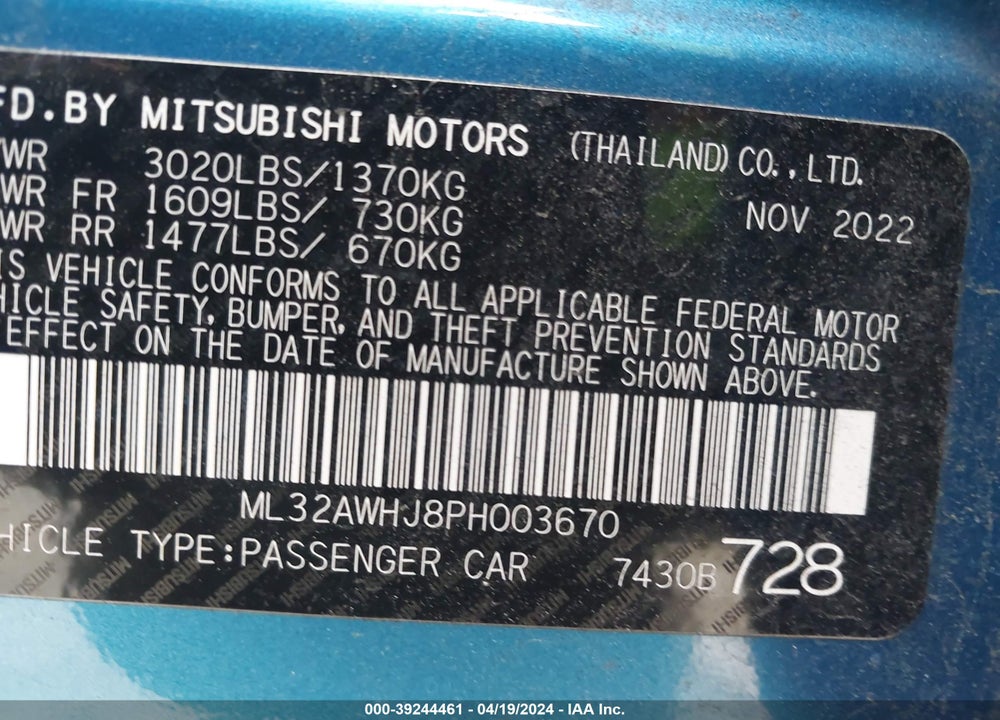 2023 MITSUBISHI MIRAGE BLACK EDITION/RALLIART/SE VIN: ML32AWHJ8PH003670