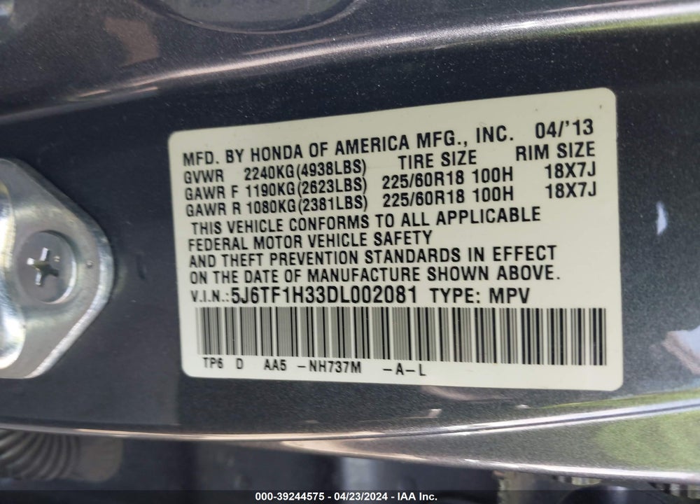 2013 HONDA CROSSTOUR EX V6 VIN: 5J6TF1H33DL002081