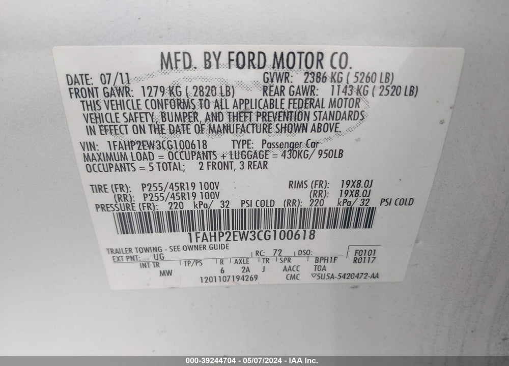2012 FORD TAURUS SEL VIN: 1FAHP2EW3CG100618