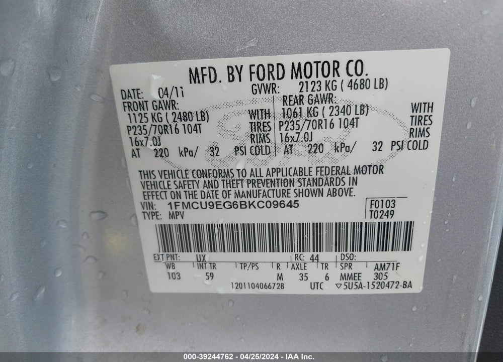 2011 FORD ESCAPE LIMITED VIN: 1FMCU9EG6BKC09645