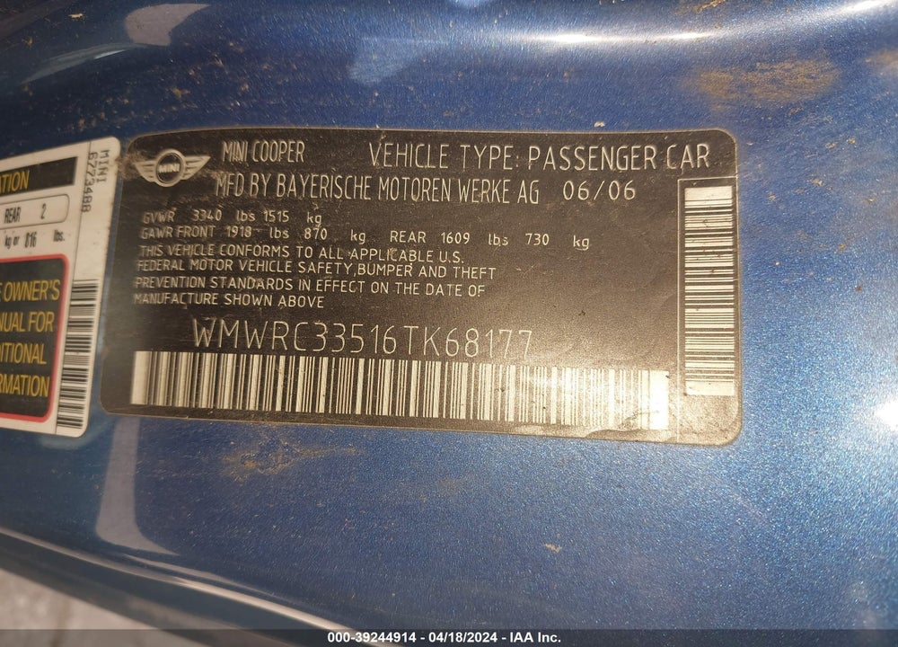 2006 MINI COOPER VIN: WMWRC33516TK68177