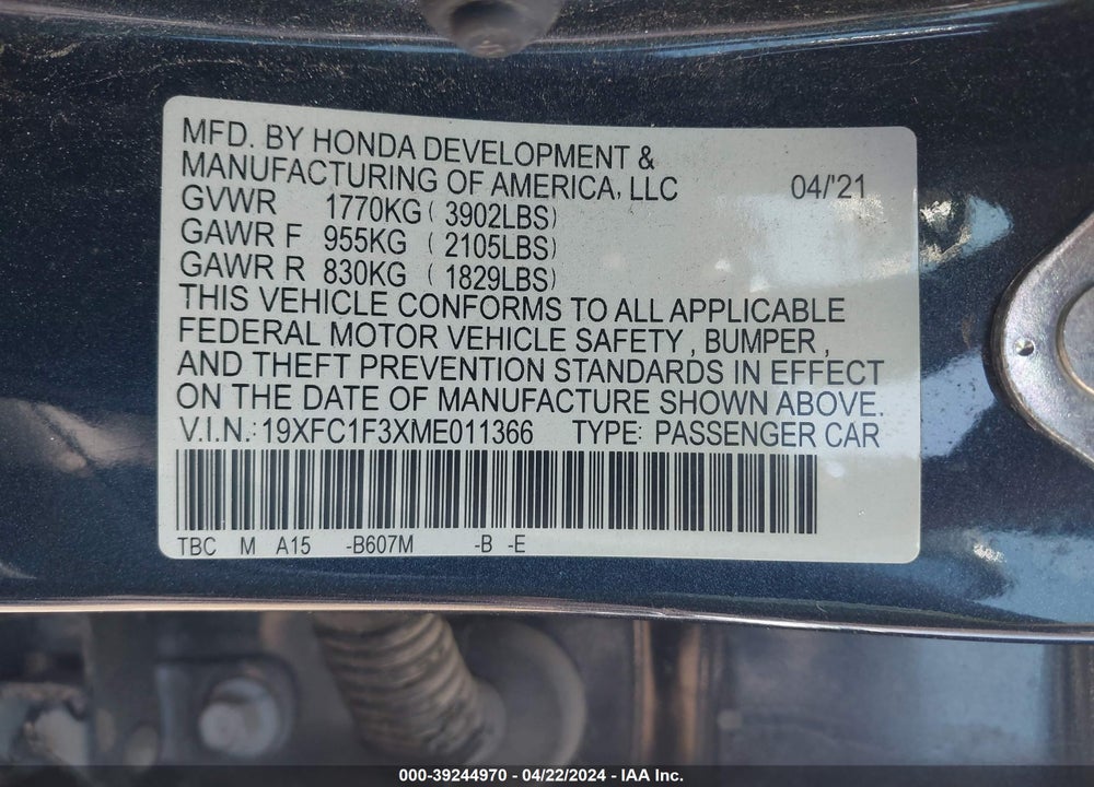2021 HONDA CIVIC EX VIN: 19XFC1F3XME011366