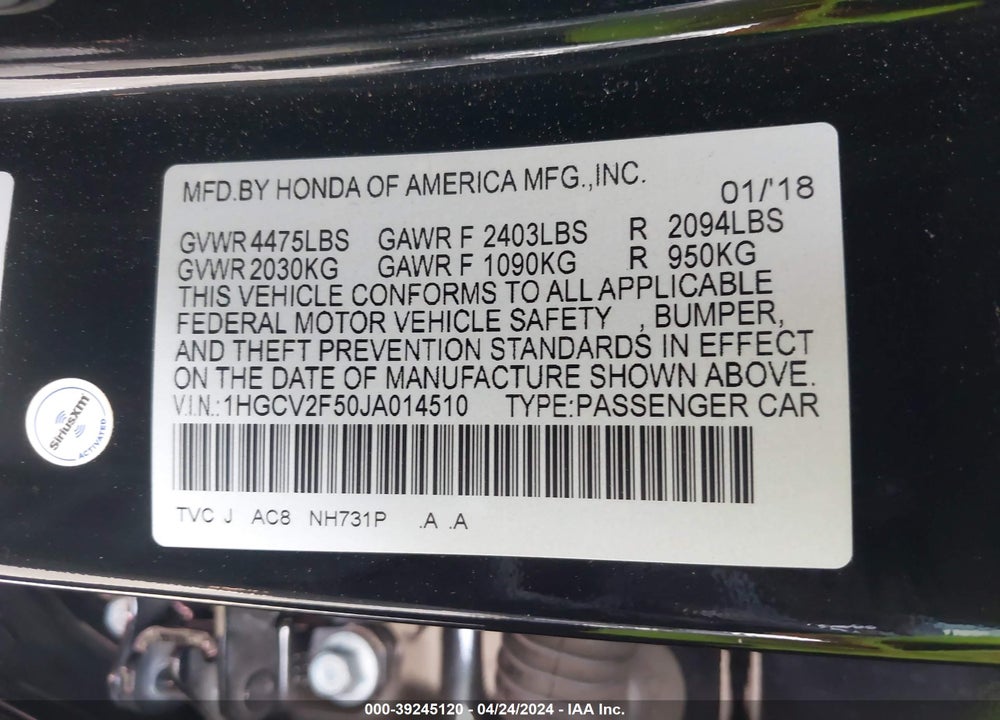 2018 HONDA ACCORD EX-L 2.0T VIN: 1HGCV2F50JA014510