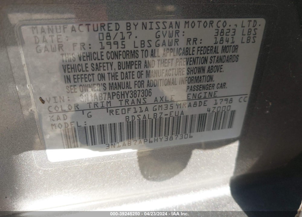 2017 NISSAN SENTRA S VIN: 3N1AB7AP6HY387306