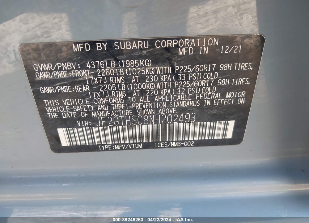 2022 SUBARU CROSSTREK SPORT VIN: JF2GTHSC8NH202493