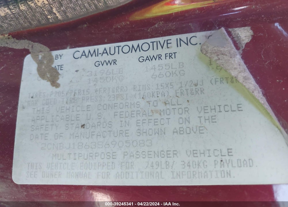 1995 GEO TRACKER VIN: 2CNBJ1863S6905083