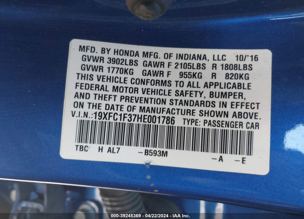 2017 HONDA CIVIC EX-T VIN: 19XFC1F37HE001786