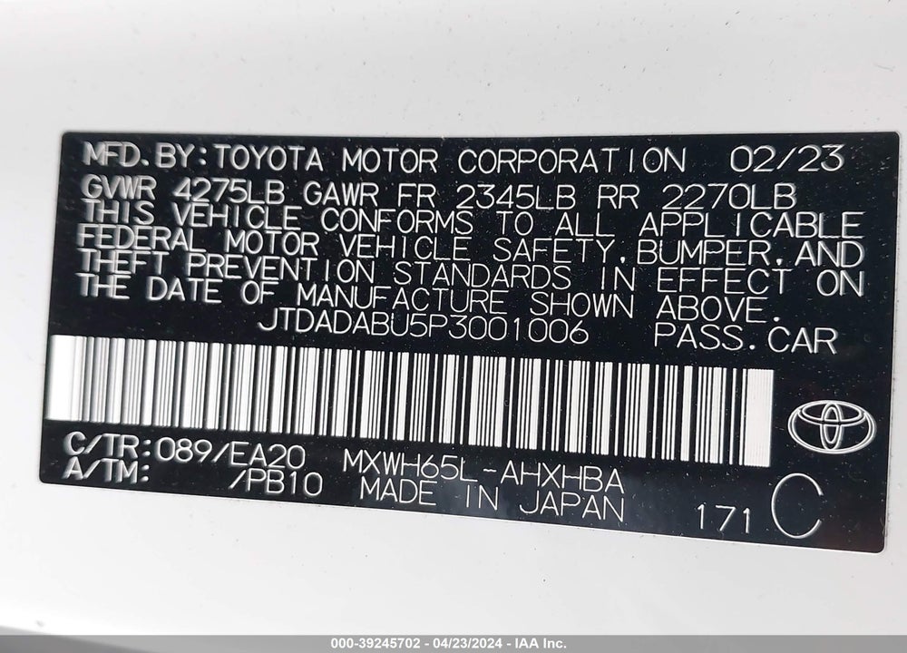 2023 TOYOTA PRIUS LIMITED AWD-E VIN: JTDADABU5P3001006