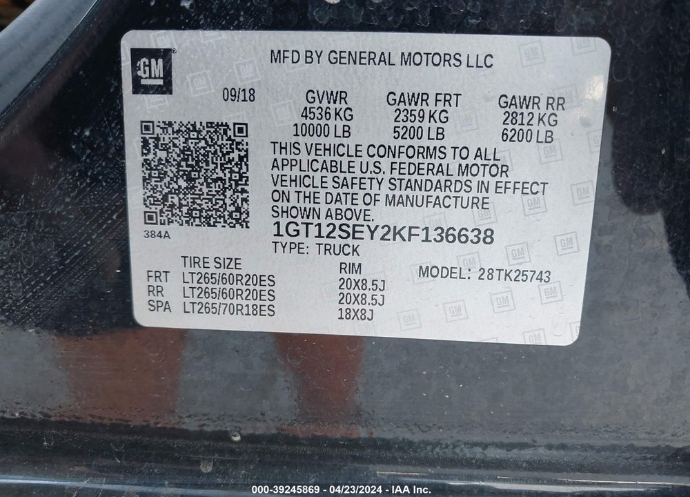 2019 GMC SIERRA 2500HD DENALI VIN: 1GT12SEY2KF136638