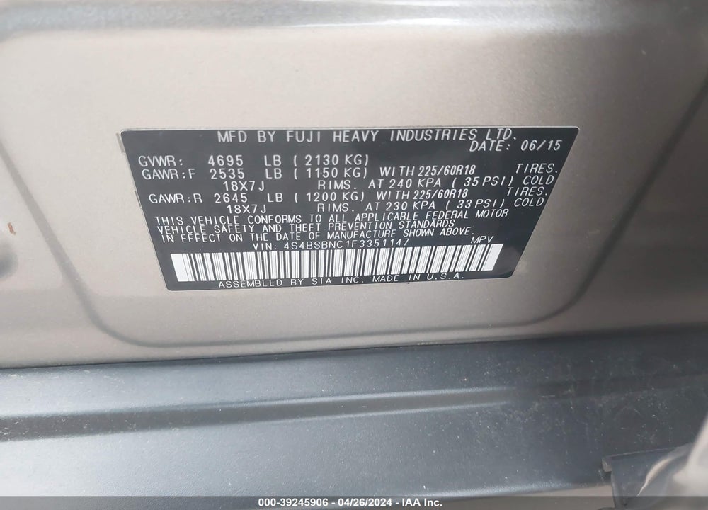 2015 SUBARU OUTBACK 2.5I LIMITED VIN: 4S4BSBNC1F3351147