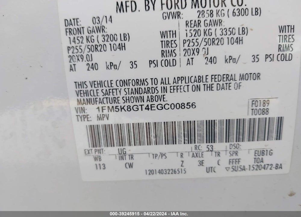 2014 FORD EXPLORER SPORT VIN: 1FM5K8GT4EGC00856
