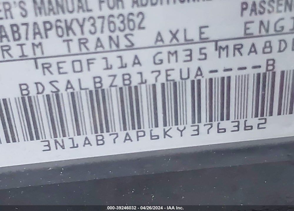 2019 NISSAN SENTRA S VIN: 3N1AB7AP6KY376362