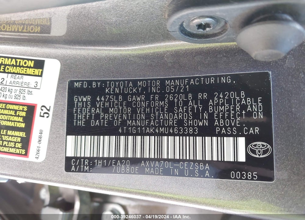 2021 TOYOTA CAMRY SE VIN: 4T1G11AK4MU463383