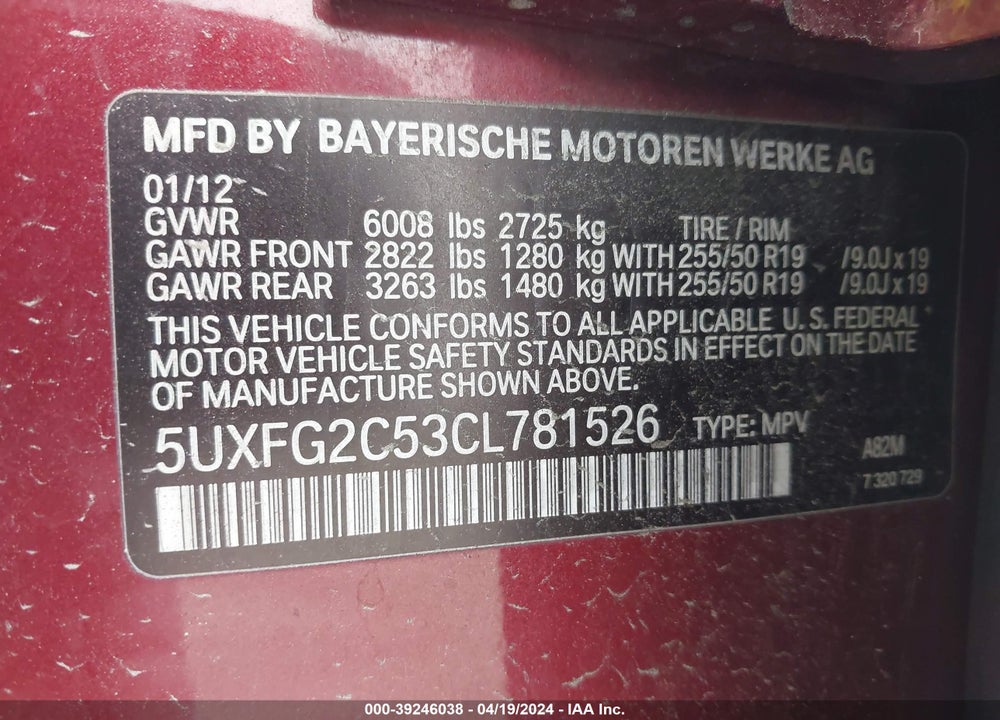 2012 BMW X6 XDRIVE35I VIN: 5UXFG2C53CL781526
