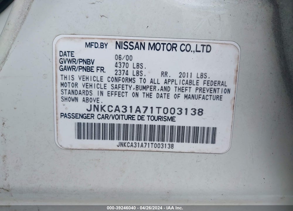 2001 INFINITI I30 TOURING VIN: JNKCA31A71T003138