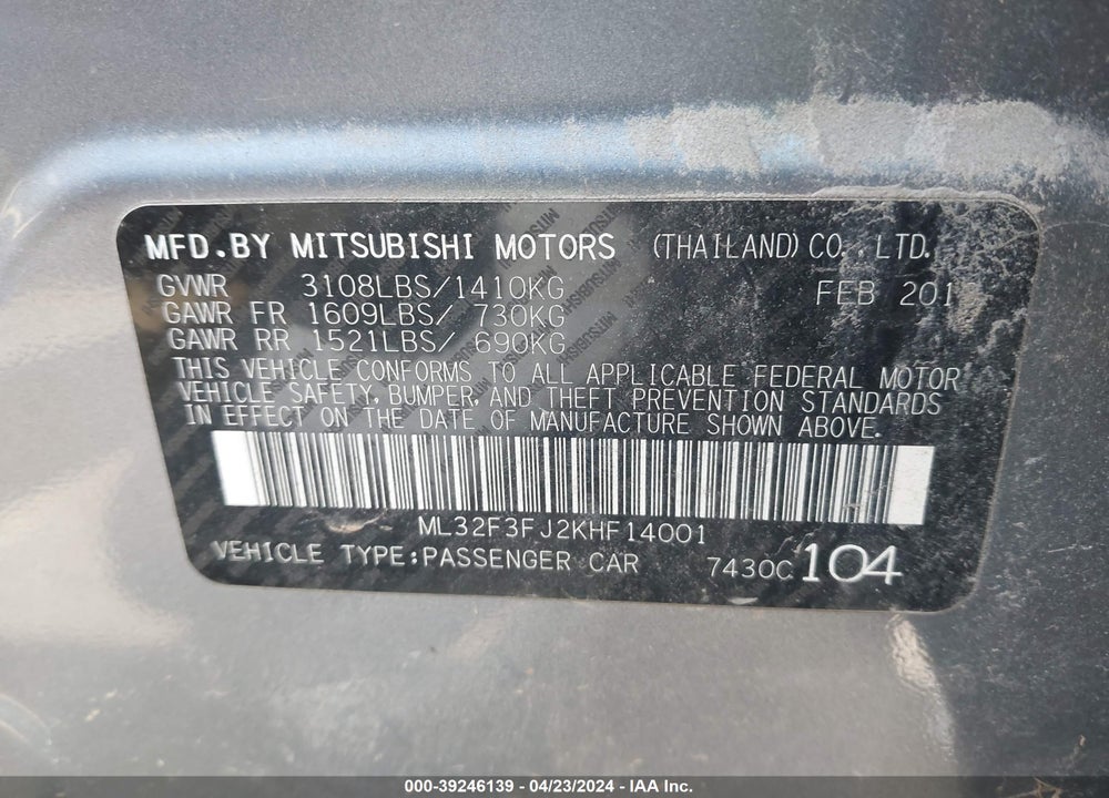 2019 MITSUBISHI MIRAGE G4 ES VIN: ML32F3FJ2KHF14001