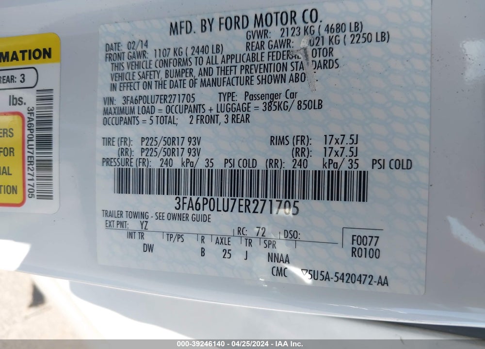 2014 FORD FUSION HYBRID SE VIN: 3FA6P0LU7ER271705