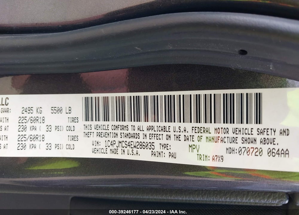 2014 JEEP CHEROKEE ALTITUDE VIN: 1C4PJMCS4EW286035