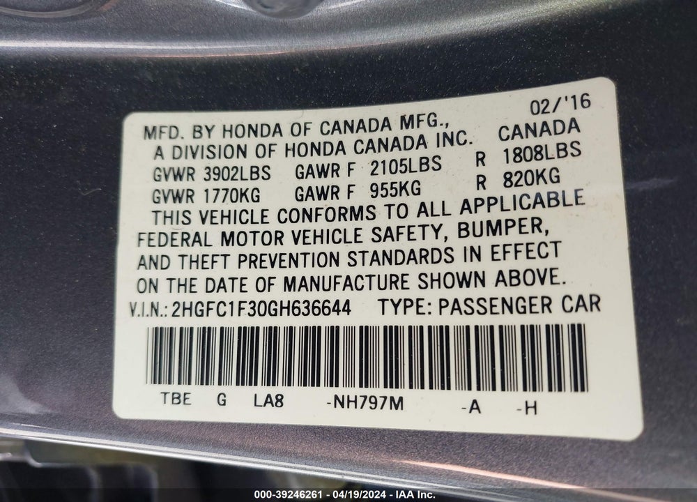 2016 HONDA CIVIC EX-T VIN: 2HGFC1F30GH636644