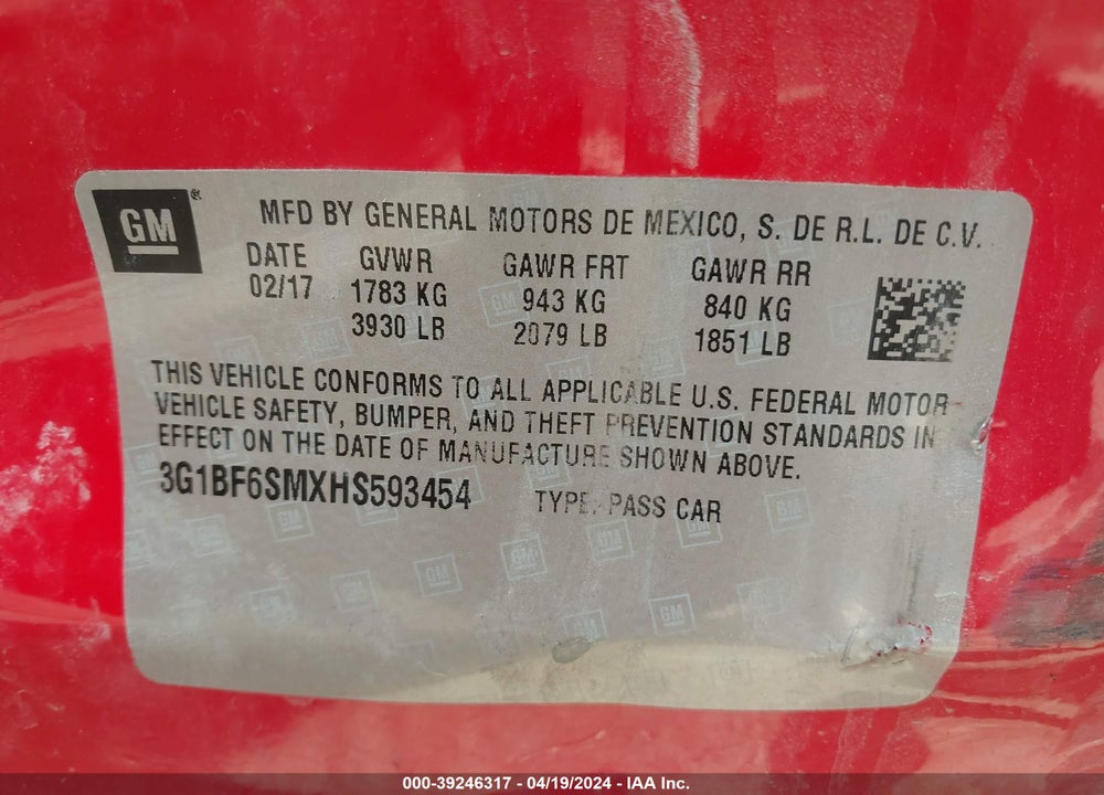 2017 CHEVROLET CRUZE PREMIER AUTO VIN: 3G1BF6SMXHS593454