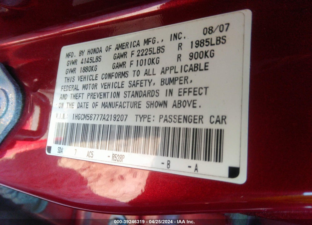 2007 HONDA ACCORD 2.4 EX VIN: 1HGCM56777A219207