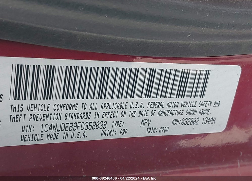2015 JEEP COMPASS LATITUDE VIN: 1C4NJDEB9FD358039