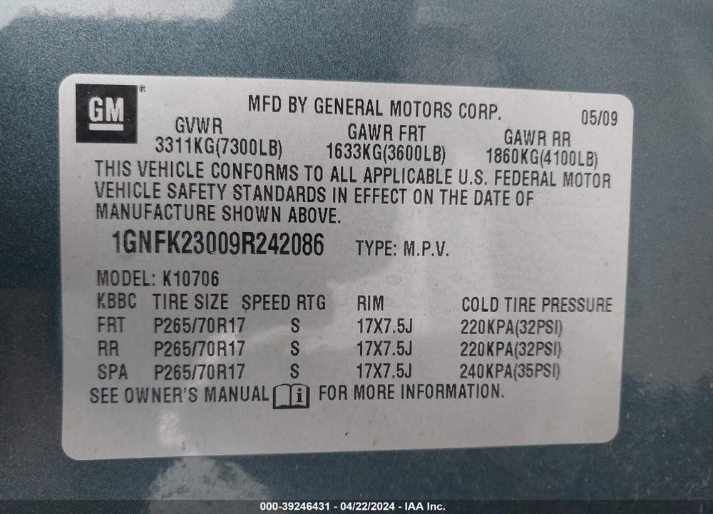 2009 CHEVROLET TAHOE LT1 VIN: 1GNFK23009R242086