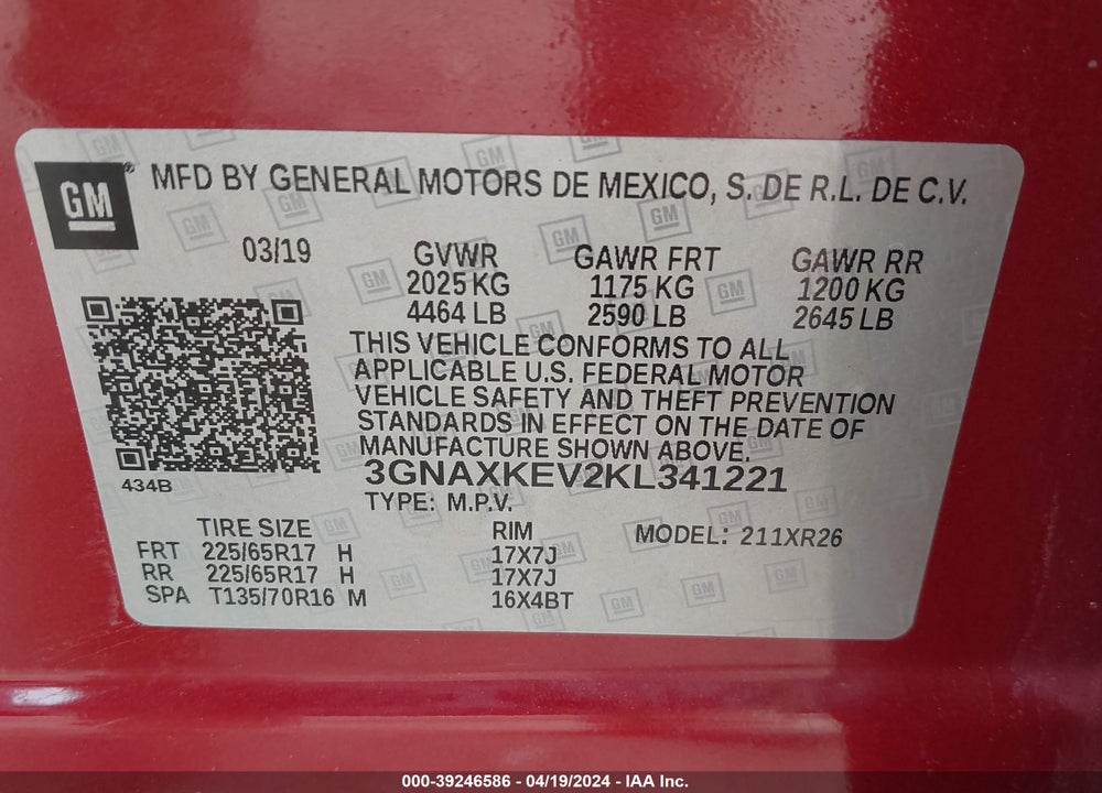 2019 CHEVROLET EQUINOX LT VIN: 3GNAXKEV2KL341221