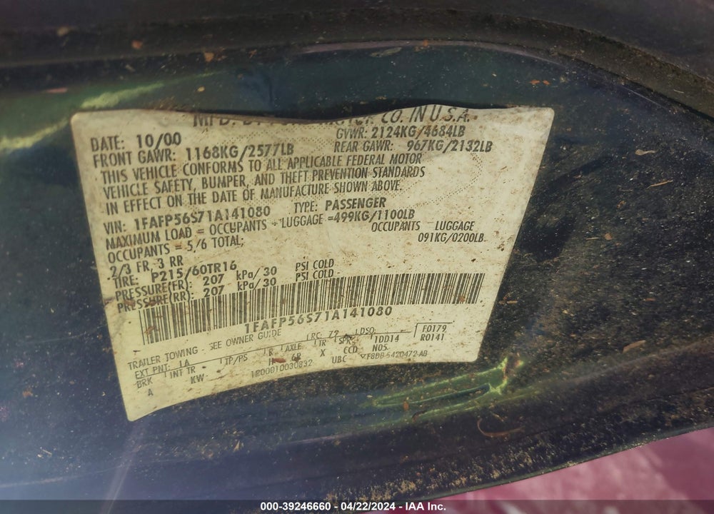 2001 FORD TAURUS SEL VIN: 1FAFP56S71A141080