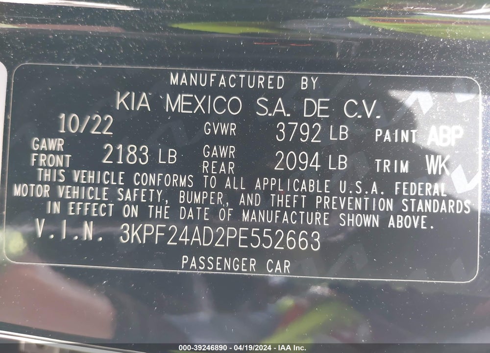 2023 KIA FORTE LXS VIN: 3KPF24AD2PE552663