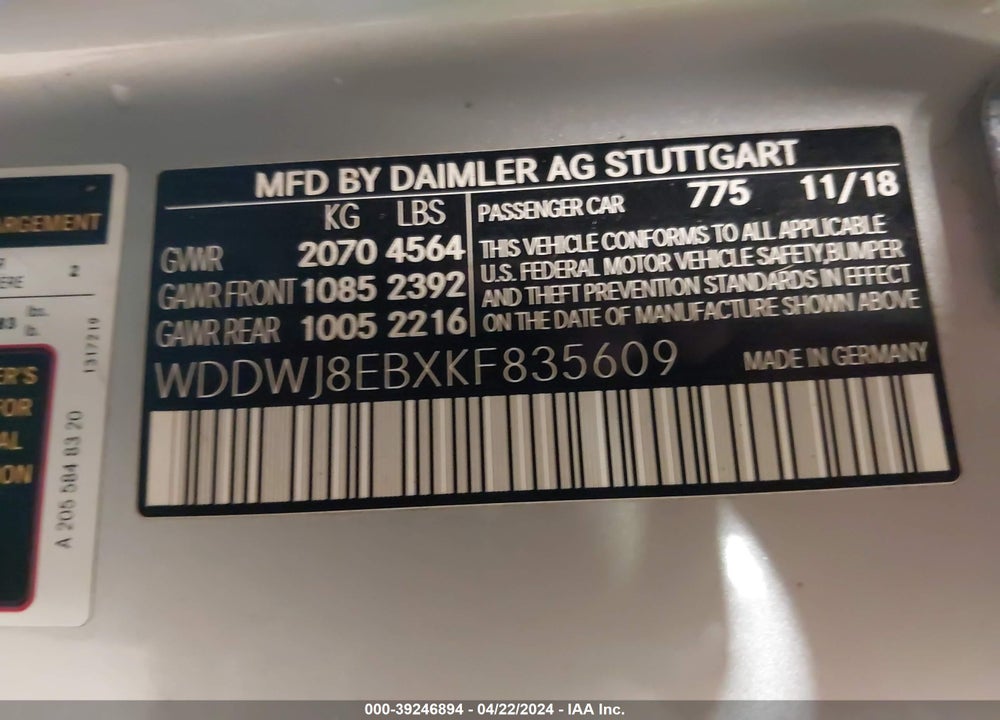 2019 MERCEDES-BENZ C 300 4MATIC VIN: WDDWJ8EBXKF835609