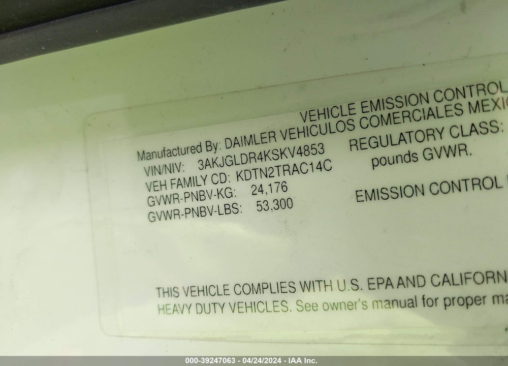 2019 FREIGHTLINER CASCADIA 125 VIN: 3AKJGLDR4KSKV4853