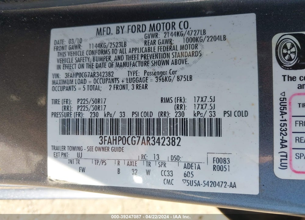 2010 FORD FUSION SEL VIN: 3FAHP0CG7AR342382