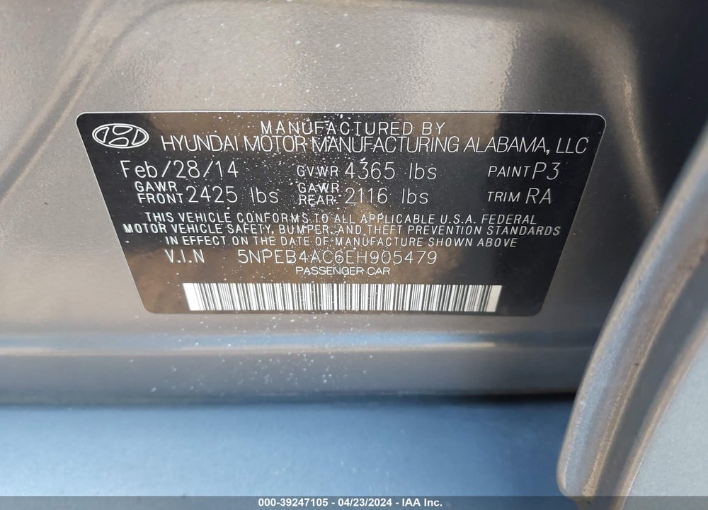 2014 HYUNDAI SONATA GLS VIN: 5NPEB4AC6EH905479