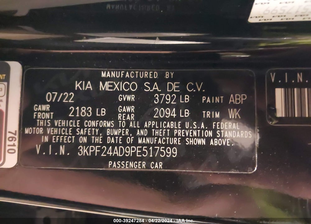 2023 KIA FORTE LXS VIN: 3KPF24AD9PE517599