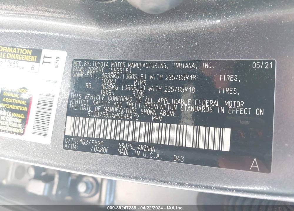 2021 TOYOTA HIGHLANDER LE VIN: 5TDBZRBHXMS546412