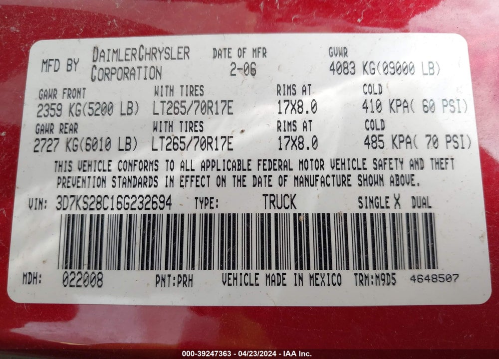 2006 DODGE RAM 2500 SLT/SPORT VIN: 3D7KS28C16G232694