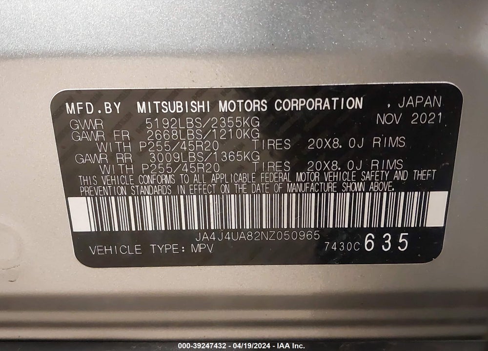 2022 MITSUBISHI OUTLANDER BLACK EDITION S-AWC/SE 2.5 S-AWC/SE LAUNCH EDITION S-AWC VIN: JA4J4UA82NZ050965