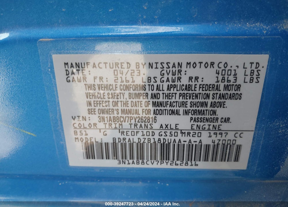 2023 NISSAN SENTRA SV XTRONIC CVT VIN: 3N1AB8CV7PY262816